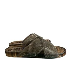 Lauren Lorraine Black Embellished Cross Over Strap Jelly Slide Sandals L